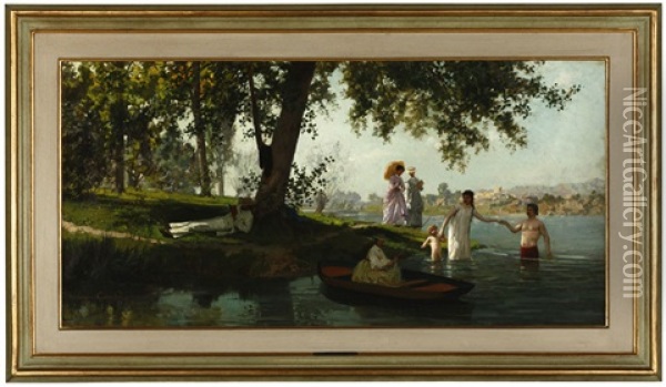 Figures In A Riverscape Oil Painting - Marie Francois Firmin-Girard
