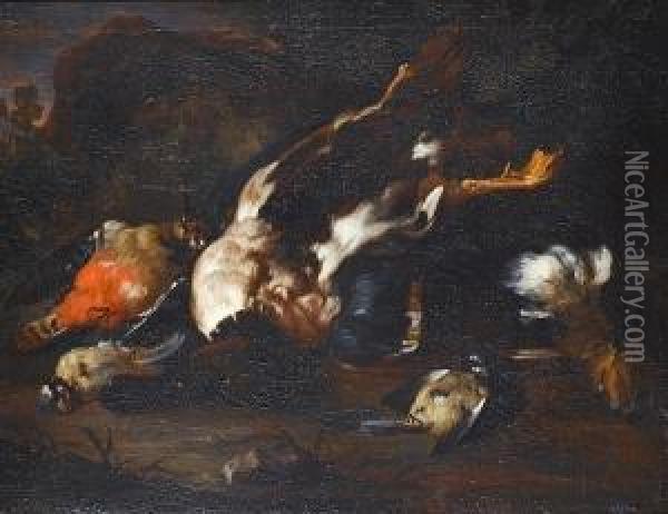 A Dead Mallard, Blue-tits, A Hooper, And A Woodpecker In A Landscape Oil Painting - Johannes Hermans