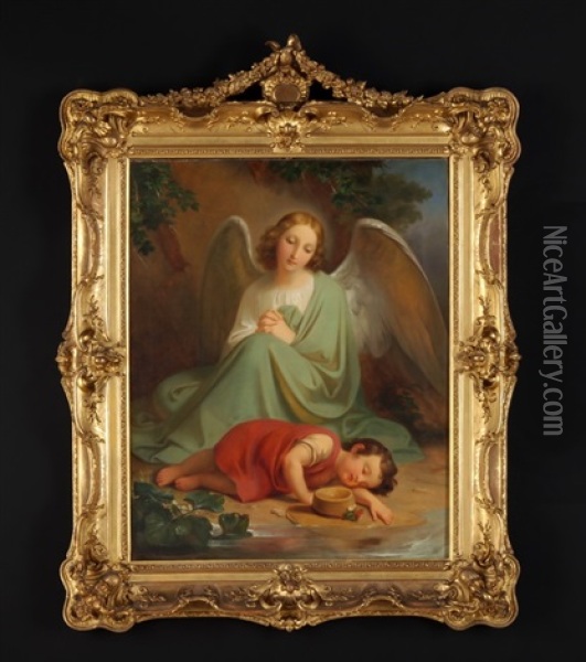 Schlafendes Kind, Uber Das Ein Engel Wacht Oil Painting - Melchior Paul Von Deschwanden