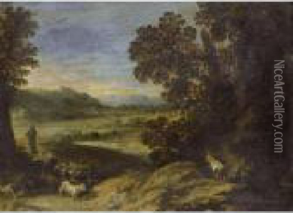 A Goat Herd Near A Wood In An Extensive Landscape Oil Painting - Paul Bril