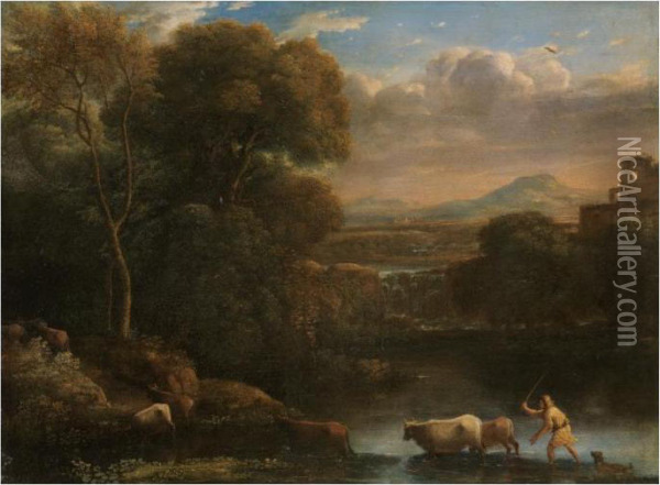 An Italianate Landscape With A 
Drover And His Dog Driving His Cattle Across A Ford, A Waterfall Beyond Oil Painting - Claude Lorrain (Gellee)