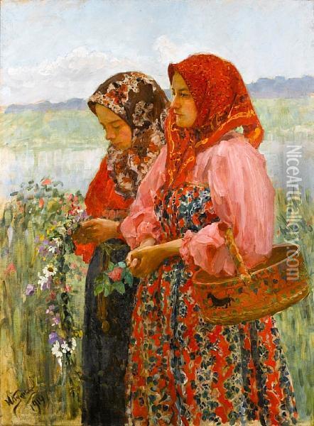 Two Young Girls Gathering Flowers Oil Painting - Ivan Semionovich Kulikov