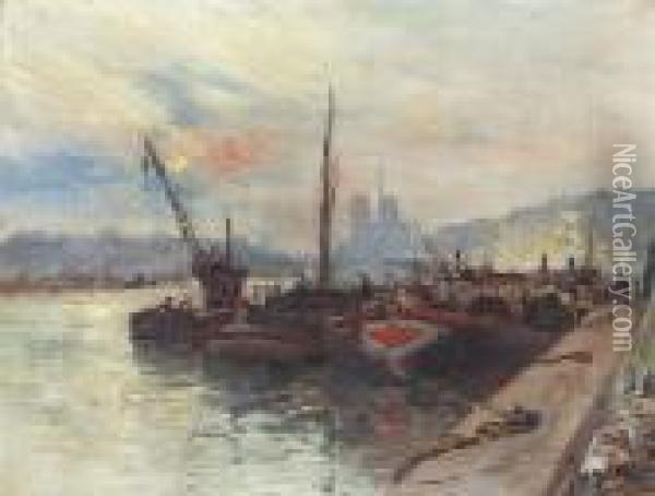Schiffe Am Seineufer In Paris Mit Notre-dame Oil Painting - Gustave Madelain