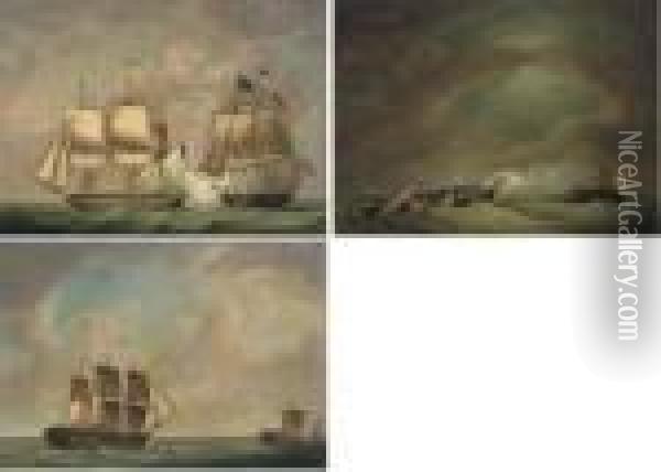 The Close Action Between H.m.s. 
Eurotas And The French Frigateclorinde, 25th-26th February 1814 - A Set 
Of Three Comprising: Theopening Salvo From Eurotas Into Clorinde's 
Stern; The Two Frigatessubsequently Dismasted; And The Remasted Eurotas 
In F Oil Painting - Robert Dodd