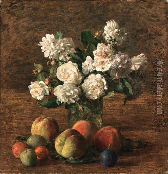 Nature morte roses et fruits Oil Painting - Ignace Henri Jean Fantin-Latour