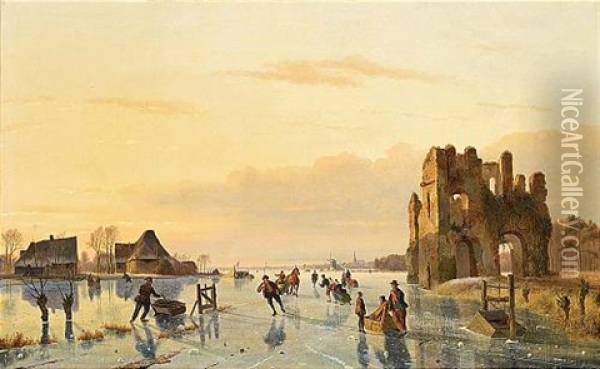 A Winter Landscape With Figures On A Frozen Waterway, A Koek En Zopie In The Distance Oil Painting - Nicolaas Johannes Roosenboom