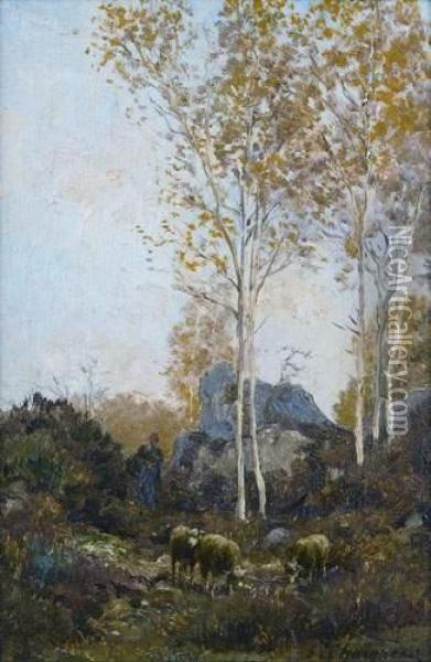 Paysage Et Moutons Dans Les Rochers De Fontainebleau Oil Painting - Jean-Ferdinand Chaigneau