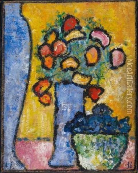 Still Life With Two Blue Vases, Flowers And Gentianbowls Oil Painting - Alexei Jawlensky