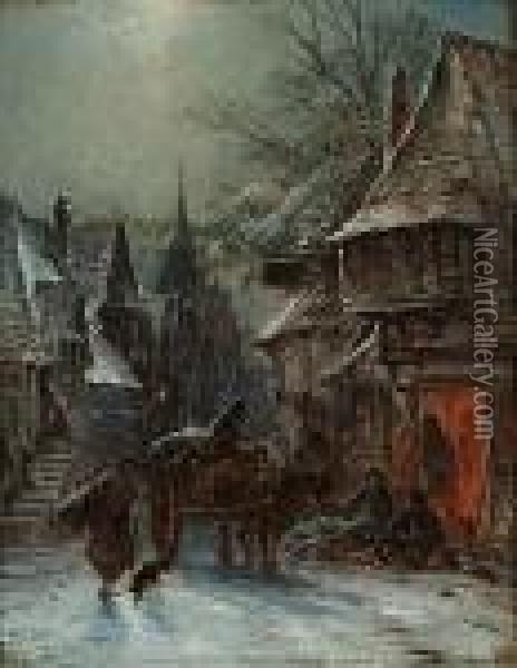 A Moonlit Winter Street Scene Oil Painting - George Augustus Williams