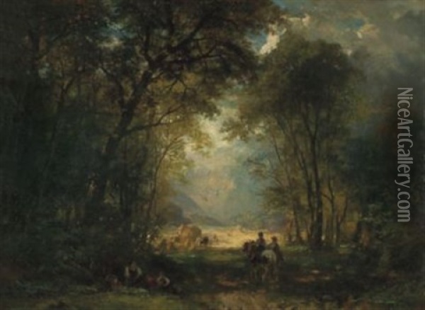 Blick Aus Dem Wald Auf Bauern Bei Der Ernte Oil Painting - Carl Ebert