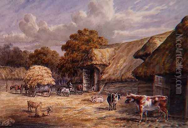 The farmyard of Mr. Harrison's Barton Farm, Buckland, near Dover, from an album of British landscapes, 1844 Oil Painting - Charles Gier White