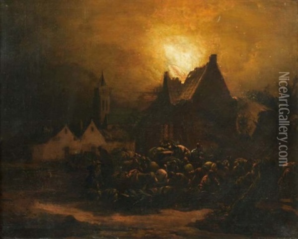 Villageois Fuyant Avec Leurs Betes Un Village En Feu La Nuit Oil Painting - Egbert Lievensz van der Poel