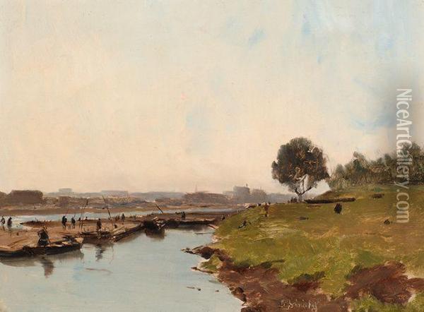 Activity By A Riverbank Oil Painting - Gustave Edouard Le Senechal De Kerdreoret