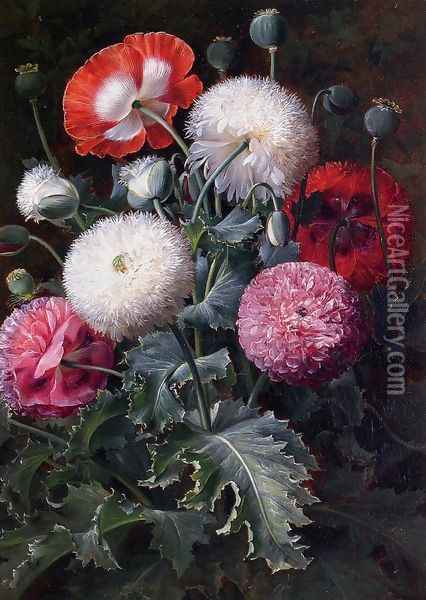 Still Life with Pink, Red and White Poppies Oil Painting - Johan Laurentz Jensen