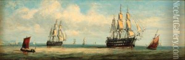A Squadron Of The Fleet Off The White Cliffs; And Shipping In Acalm Oil Painting - Adolphus Knell