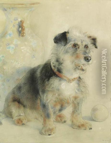 Study Of A Terrier, Sitting Before A Cantonese Famille Rosevase Oil Painting - William Huggins