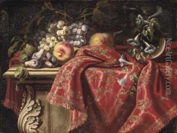 Grapes On The Vine, Plums, Apples, Morning Glory On A Gold And Red Embroidered Tapestry Oil Painting - Carlo Manieri