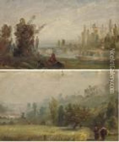 Vue De Fontenay-aux-roses; Et Un
 Paysage Avec Un Pont Enjambant Une Riviere Et Des Figures Au Premier 
Plan Oil Painting - Paul Huet