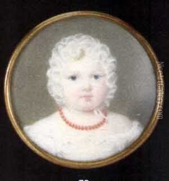 A Young Child (queen Victoria?), In Frilled White Shift And Wearing A Frilled Bonnet And Coral Necklace Oil Painting - Anthony Stewart