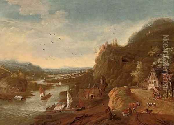 A Rhenish landscape with sailing barges, a castle on a hill beyond Oil Painting - Jan Griffier II