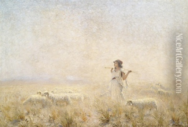 Allegretto Pastorale. Junge Schafhirtin Mit Ihrer Herde Oil Painting - Adolf von Meckel