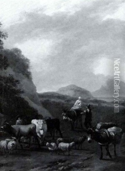 Mountainous Landscape With Herdsmen And Animals Oil Painting - Abraham Jansz. Begeyn