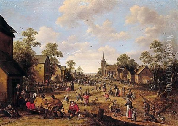 A Crowded Village Scene Oil Painting - Joost Cornelisz. Droochsloot