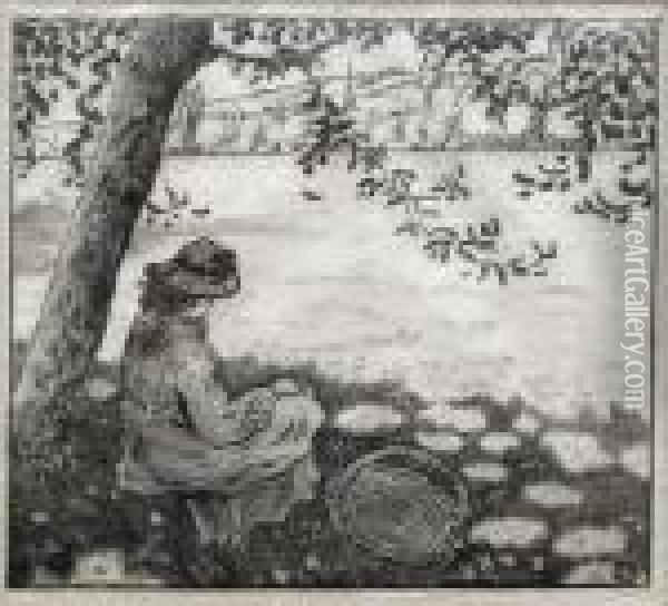 A Girl Sitting Under A Tree With A Basket Oil Painting - Lucien Pissarro