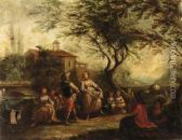 Travellers Conversing By A 
River, A Town Beyond; And A Coupledancing With Other Figures Gathered 
Around Oil Painting - Antonio Diziani