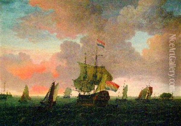 Hollandisches Kriegsschiff Und Zahlreiche Andere Segelschiffe In Einer Hafeneinfahrt Oil Painting - Adam Silo
