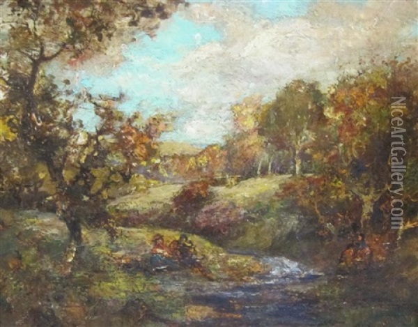 An Autumnal River Landscape With Figures Oil Painting - William Mouncey