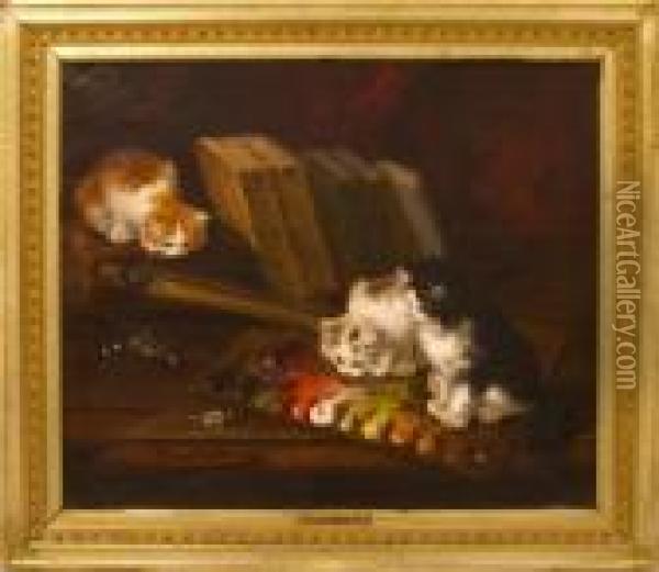 Kittens On Desk With Books And Palette With Oils Oil Painting - Alphonse de Neuville