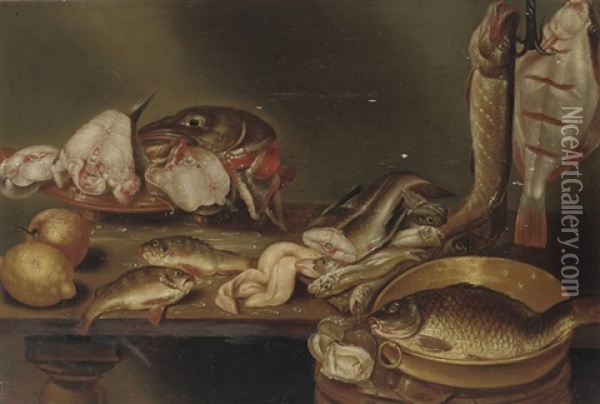 A Lemon, A Peach, Fish Heads On A Plate, A Pike And A Flatfish On A Hook And Eels, All On A Wooden Table Oil Painting - Alexander Adriaenssen the Elder