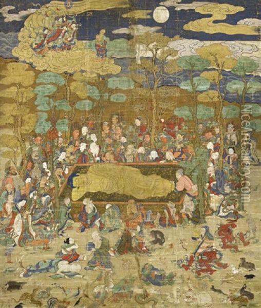 Untitled (the Death Of The Historical Buddha Ahakyamuni (nehanzu), Showing Numerous Lay Persons, Monks, Deities, Birds And Animals) Oil Painting -  Anonymous-Japanese (Muromachi)