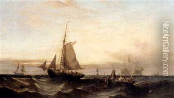Throwing Lobster Pots At Dawn (+ Raising The Catch At Sunset; Pari) Oil Painting - William Callcott Knell