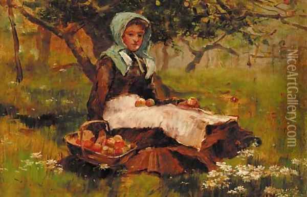 A girl in an orchard with a basket of apples Oil Painting - David Fulton
