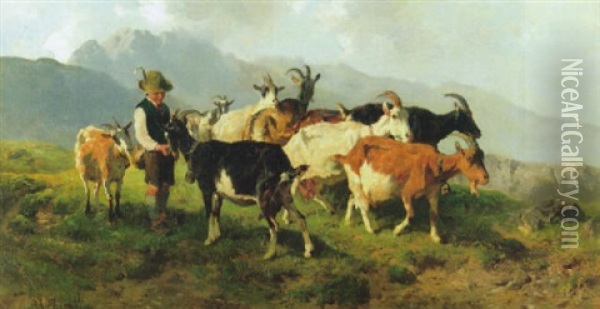 Ziegenherde Mit Huterbub Auf Der Alm Oil Painting - Anton Braith