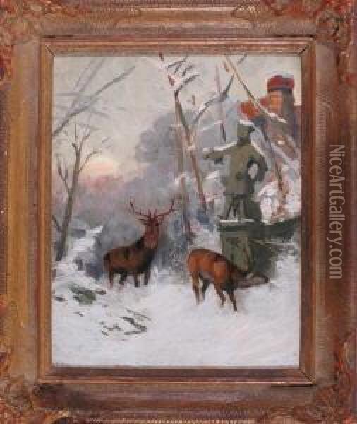 Rotwild An Einer Statueim Winterwald Bei Gegenlicht Oil Painting - Arthur Thiele