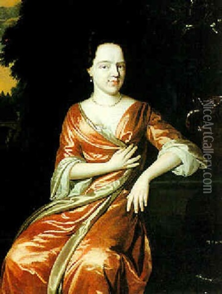 Portrait Of A Lady Seated Near A Fountain In An Ornamental Garden Oil Painting - Nicholas van Ravesteyn II
