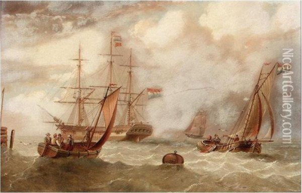 Dutch Man-o'-war With Sailing Barges In The Foreground Oil Painting - Edward King Redmore