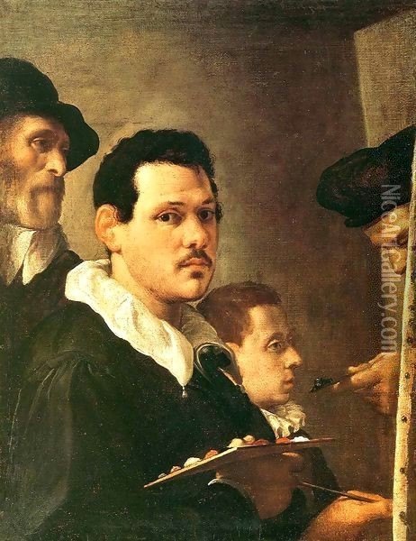 Self Portrait with Other Male Figures Oil Painting - Annibale Carracci