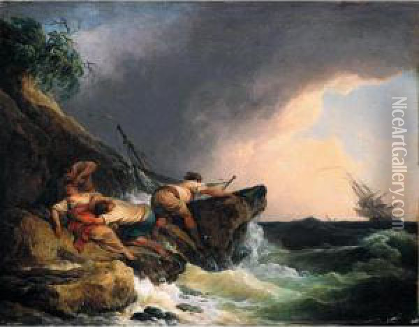 A Rocky Coastal Landscape In A 
Storm With A Shipwrecked Sailing Boat And People In Distress Clinging 
Onto A Rock Oil Painting - Philip Jacques de Loutherbourg