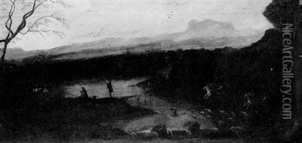 A Hunt In A River Landscape Oil Painting - Adriaen Van Diest