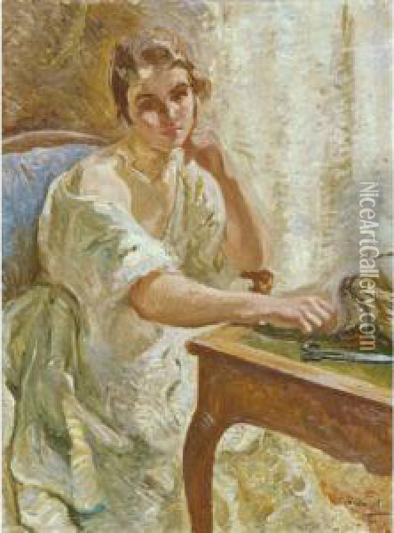 Jeune Femme A La Table Oil Painting - Otto Vautier