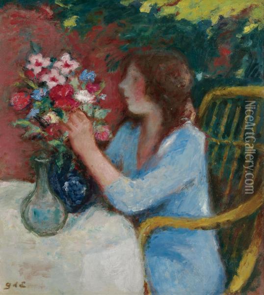 Jeune Fille Avec Un Bouquet De Fleurs Oil Painting - Georges dEspagnat