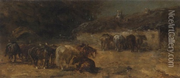 Pferde Vor Dem Stall Oil Painting - Adolf Schreyer