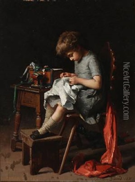 A Little Girl With Her Needlework Oil Painting - Theodore Gerard