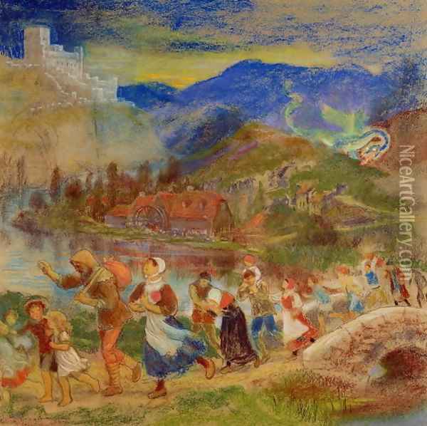 Villagers fleeing from a dragon Oil Painting - Arthur Hughes