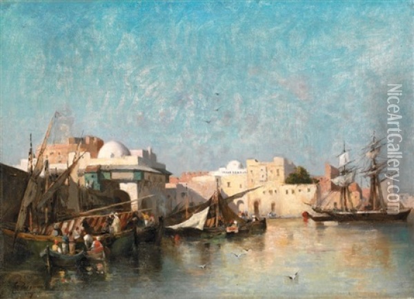 Voiliers Et Pecheurs Dans Un Port Oriental Oil Painting - Emile Regnault de Maulmain