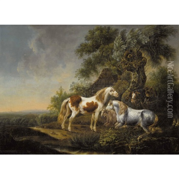 Paar Landschaften Mit Kuhen An Der Tranke Und Pferden Oil Painting - Johann Jakob Schalch